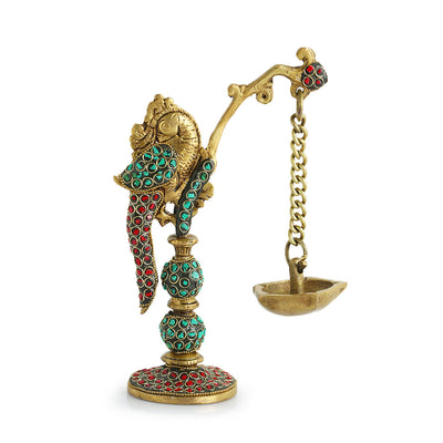 'Parrot' Decorative Table Hanging Brass Diya (5 Wicks, 0.6 Kg, Hand-Etched)