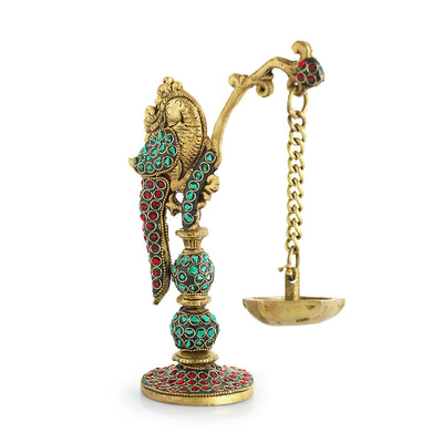 'Parrot' Decorative Table Hanging Brass Diya (5 Wicks, 0.6 Kg, Hand-Etched)