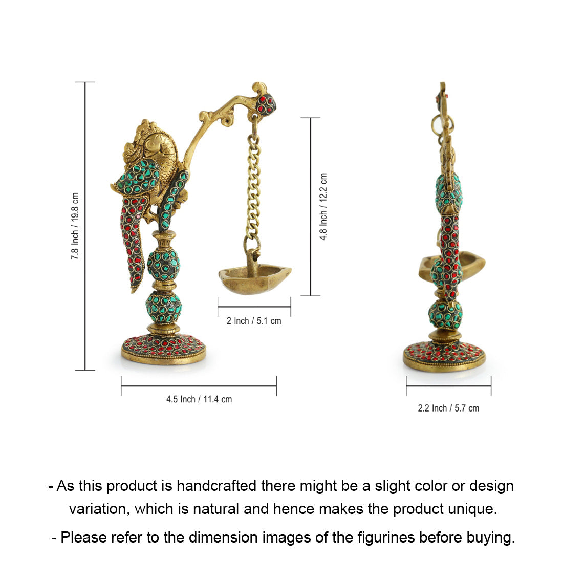 'Parrot' Decorative Table Hanging Brass Diya (5 Wicks, 0.6 Kg, Hand-Etched)