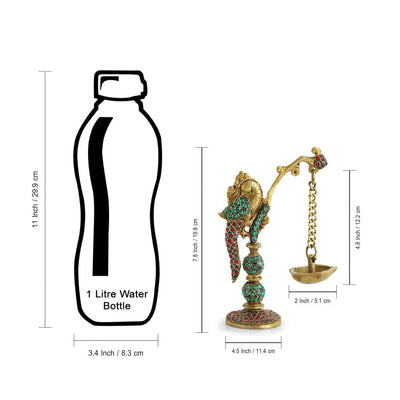 'Parrot' Decorative Table Hanging Brass Diya (5 Wicks, 0.6 Kg, Hand-Etched)