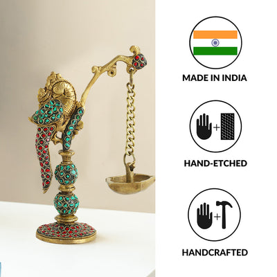 'Parrot' Decorative Table Hanging Brass Diya (5 Wicks, 0.6 Kg, Hand-Etched)
