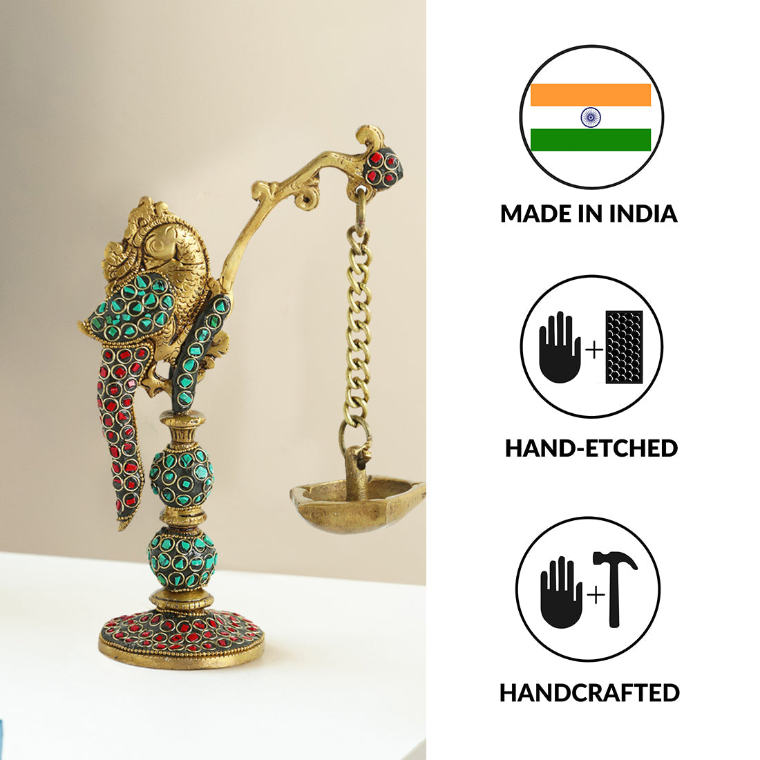 'Parrot' Decorative Table Hanging Brass Diya (5 Wicks, 0.6 Kg, Hand-Etched)