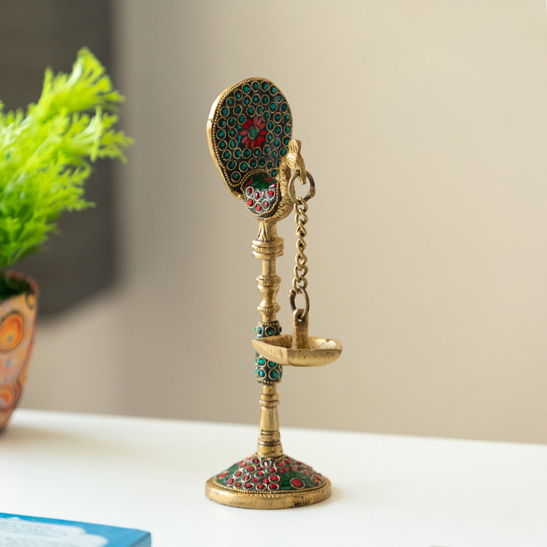 'Peacock' Decorative Table Hanging Brass Diya (5 Wicks, 0.6 Kg, Hand-Etched)
