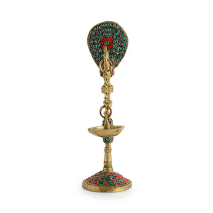 'Peacock' Decorative Table Hanging Brass Diya (5 Wicks, 0.6 Kg, Hand-Etched)
