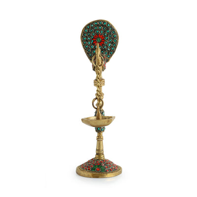 'Peacock' Decorative Table Hanging Brass Diya (5 Wicks, 0.6 Kg, Hand-Etched)