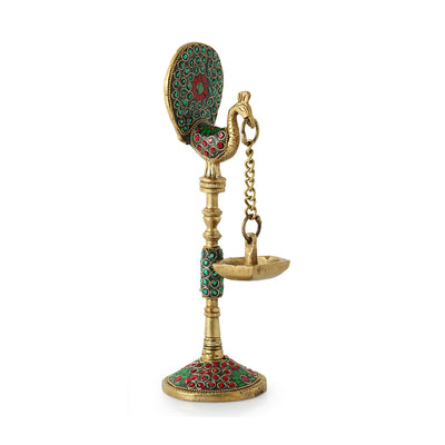 'Peacock' Decorative Table Hanging Brass Diya (5 Wicks, 0.6 Kg, Hand-Etched)