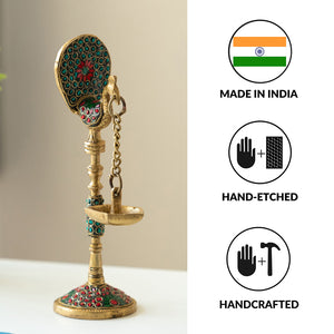 'Peacock' Decorative Table Hanging Brass Diya (5 Wicks, 0.6 Kg, Hand-Etched)