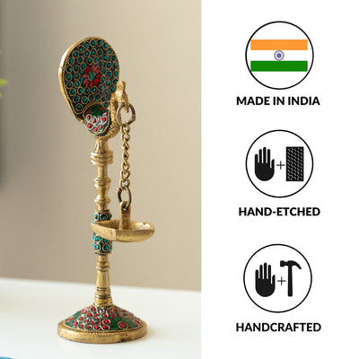 'Peacock' Decorative Table Hanging Brass Diya (5 Wicks, 0.6 Kg, Hand-Etched)