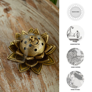 'Lotus' Dhoop Dani Handcarved Brass Incense Burner (Hand-Etched, 2.3 Inches, 0.58 Kg)