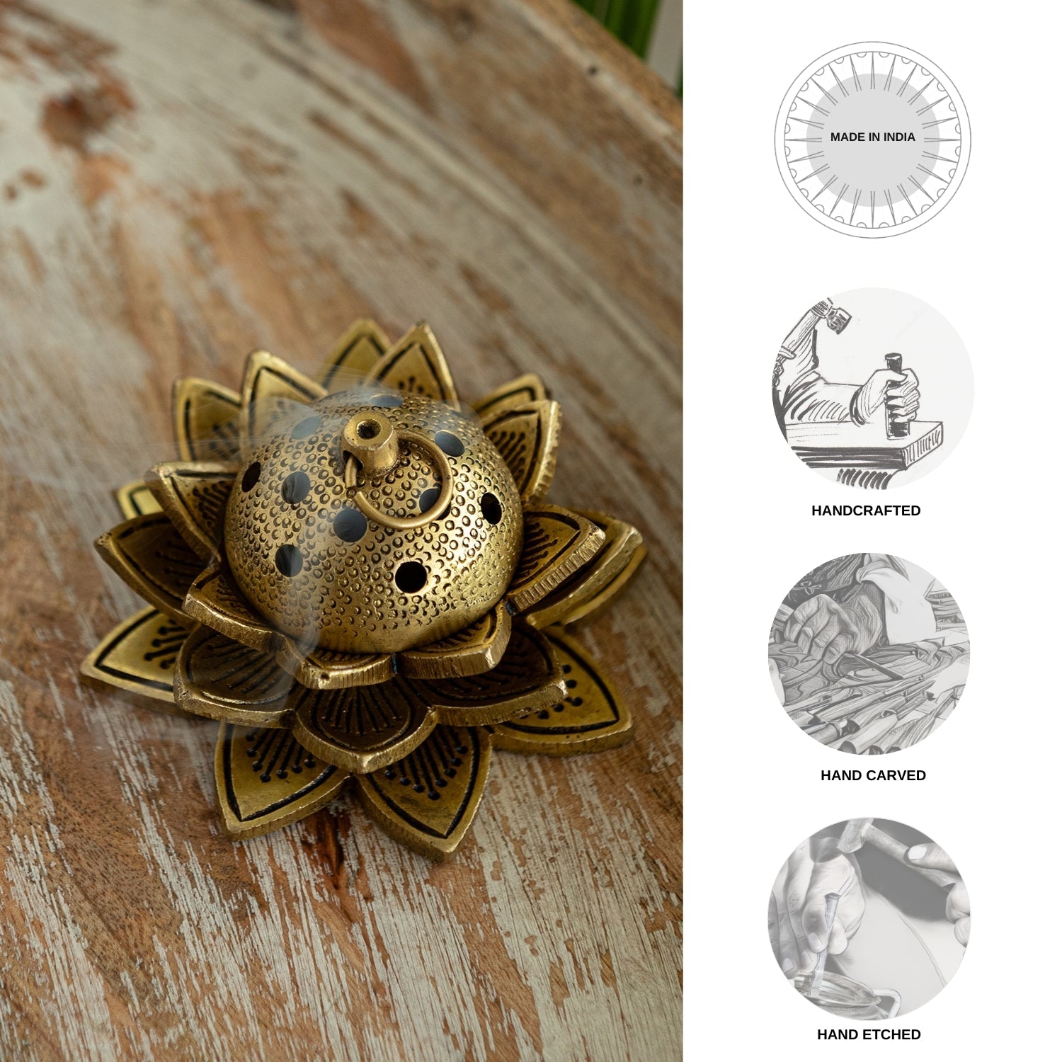 'Lotus' Dhoop Dani Handcarved Brass Incense Burner (Hand-Etched, 2.3 Inches, 0.58 Kg)