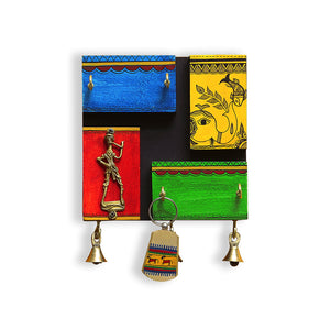 'In-Key-Geneous' Warli Handpainted Wooden Key Holder with Dhokra Art  (5 Hooks)