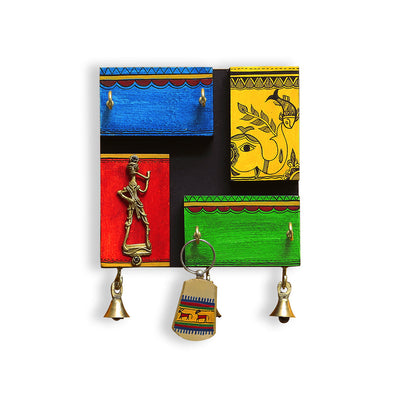 'In-Key-Geneous' Warli Handpainted Wooden Key Holder with Dhokra Art  (5 Hooks)
