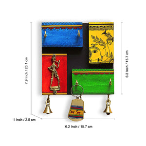 'In-Key-Geneous' Warli Handpainted Wooden Key Holder with Dhokra Art  (5 Hooks)