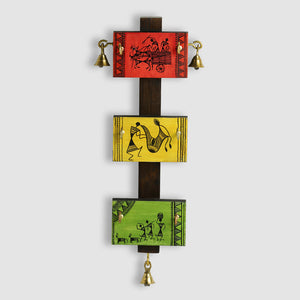 'Panels Of Paintings' Warli Handpainted Key Holder In Pine & Teak Wood (6 Hooks)