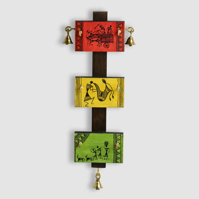 'Panels Of Paintings' Warli Handpainted Key Holder In Pine & Teak Wood (6 Hooks)
