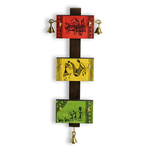 'Panels Of Paintings' Warli Handpainted Key Holder In Pine & Teak Wood (6 Hooks)