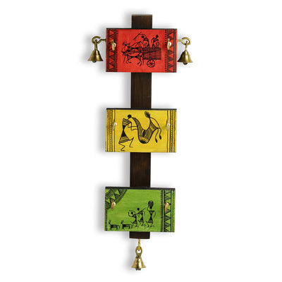 'Panels Of Paintings' Warli Handpainted Key Holder In Pine & Teak Wood (6 Hooks)