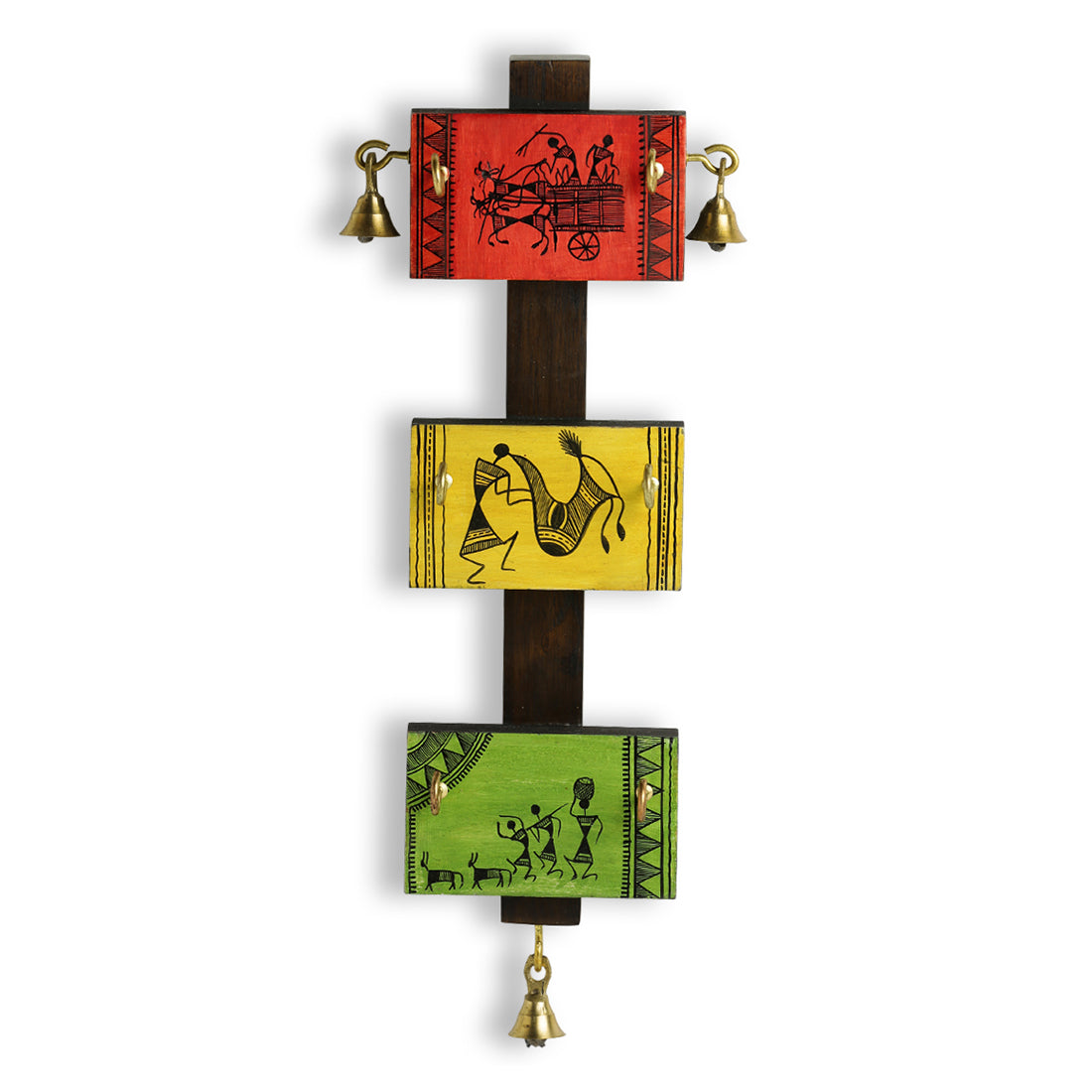'Panels Of Paintings' Warli Handpainted Key Holder In Pine & Teak Wood (6 Hooks)
