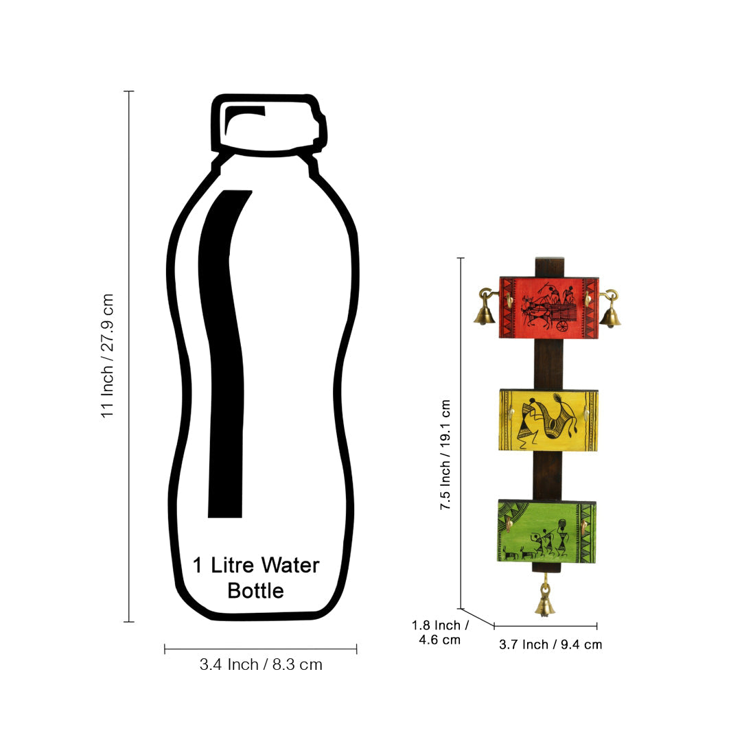 'Panels Of Paintings' Warli Handpainted Key Holder In Pine & Teak Wood (6 Hooks)