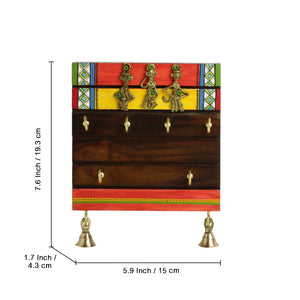 'Tribal Borders' Warli Handpainted Sheesham Wood Key Holder with Dhokra Art (6 Hooks)