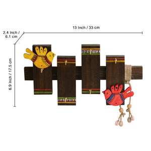 'Birds On Planks' Warli Handpainted Sheesham Wood Key Holder (6 Hooks)