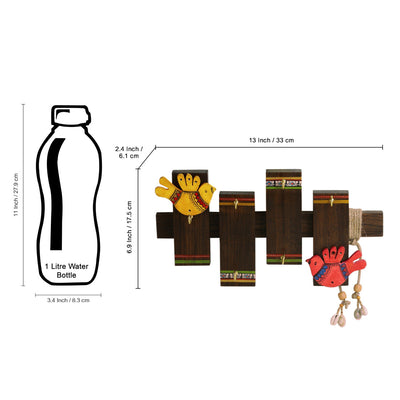 'Birds On Planks' Warli Handpainted Sheesham Wood Key Holder (6 Hooks)