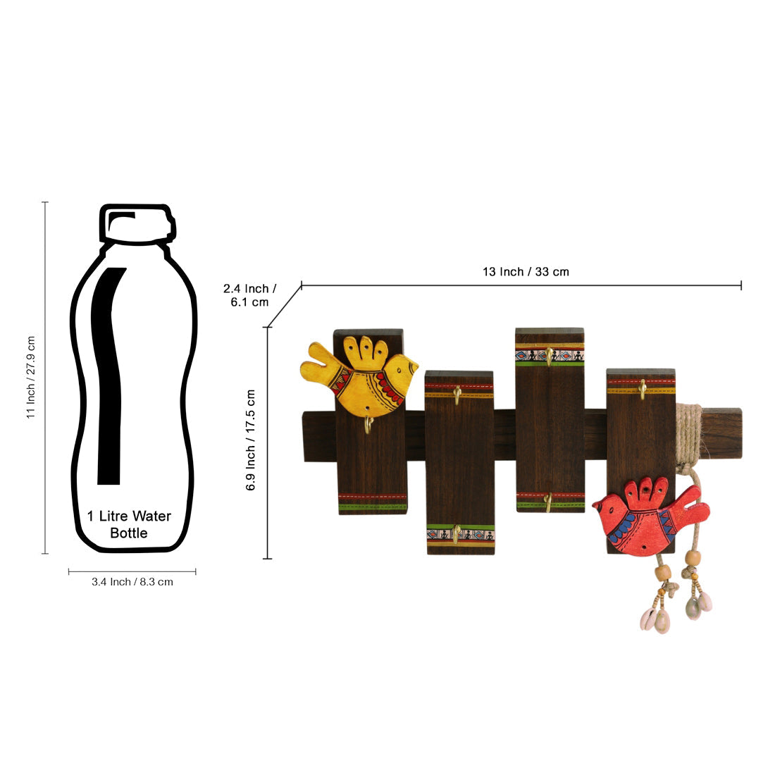 'Birds On Planks' Warli Handpainted Sheesham Wood Key Holder (6 Hooks)