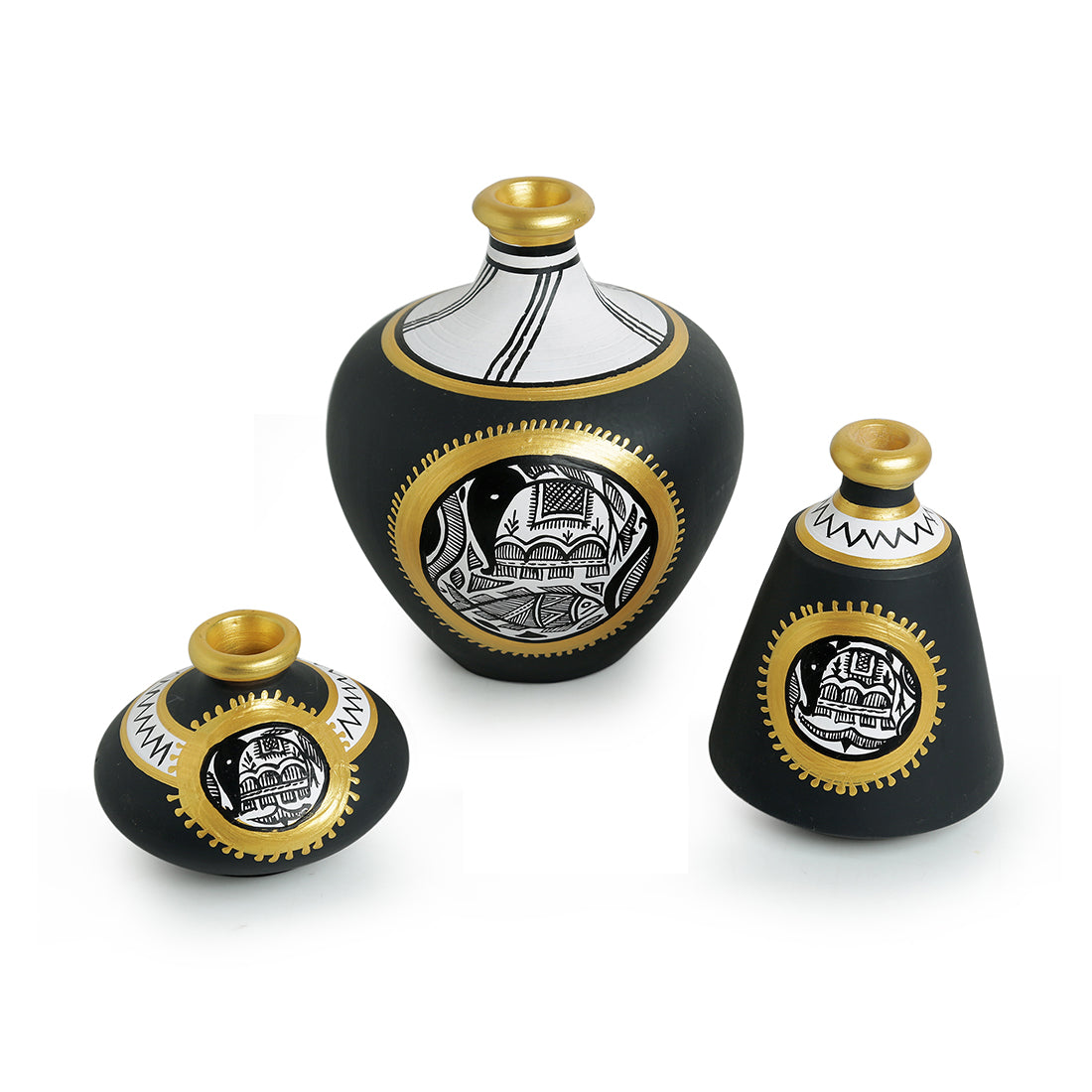 'Madhubani Jet Black Matkis' Handpainted Terracotta Vases (Set of 3)