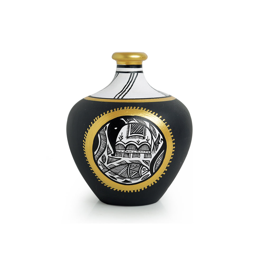 'Madhubani Jet Black Matkis' Handpainted Terracotta Vases (Set of 3)