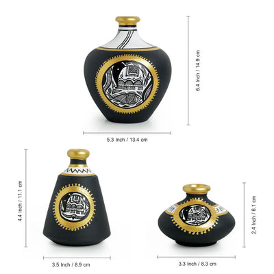'Madhubani Jet Black Matkis' Handpainted Terracotta Vases (Set of 3)