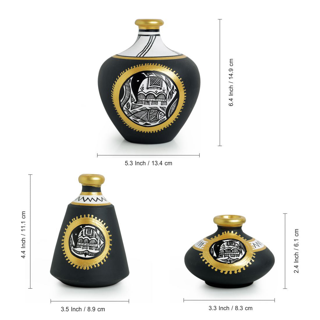 'Madhubani Jet Black Matkis' Handpainted Terracotta Vases (Set of 3)