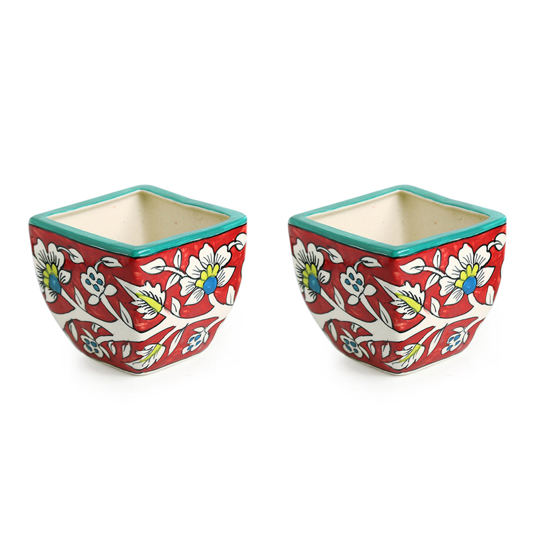 'Mughal Roots' Floral Handpainted Ceramic Planter Pots (Set of 2)
