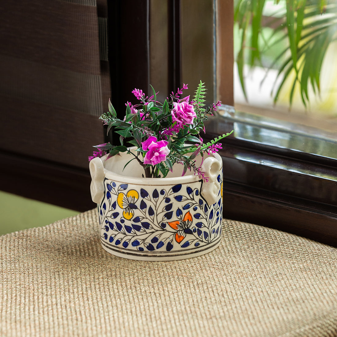 'Indigo Vines' Handpainted Ceramic Table Planter Pot