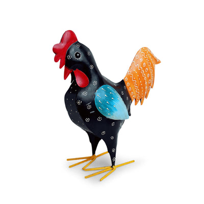 'Rooster Ruckus' Handpainted Garden Decorative Showpiece In Metal (12 Inch)