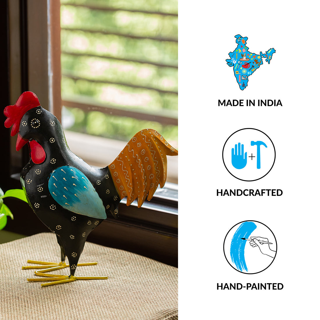 'Rooster Ruckus' Handpainted Garden Decorative Showpiece In Metal (12 Inch)