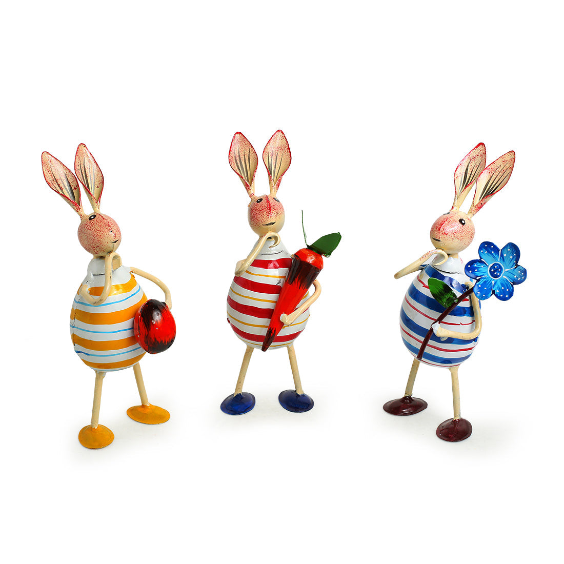 'The Rabbit Trio' Handpainted Garden Decorative Showpieces In Iron (Set of 3, 7 Inch)