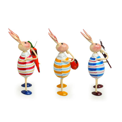 'The Rabbit Trio' Handpainted Garden Decorative Showpieces In Iron (Set of 3, 7 Inch)