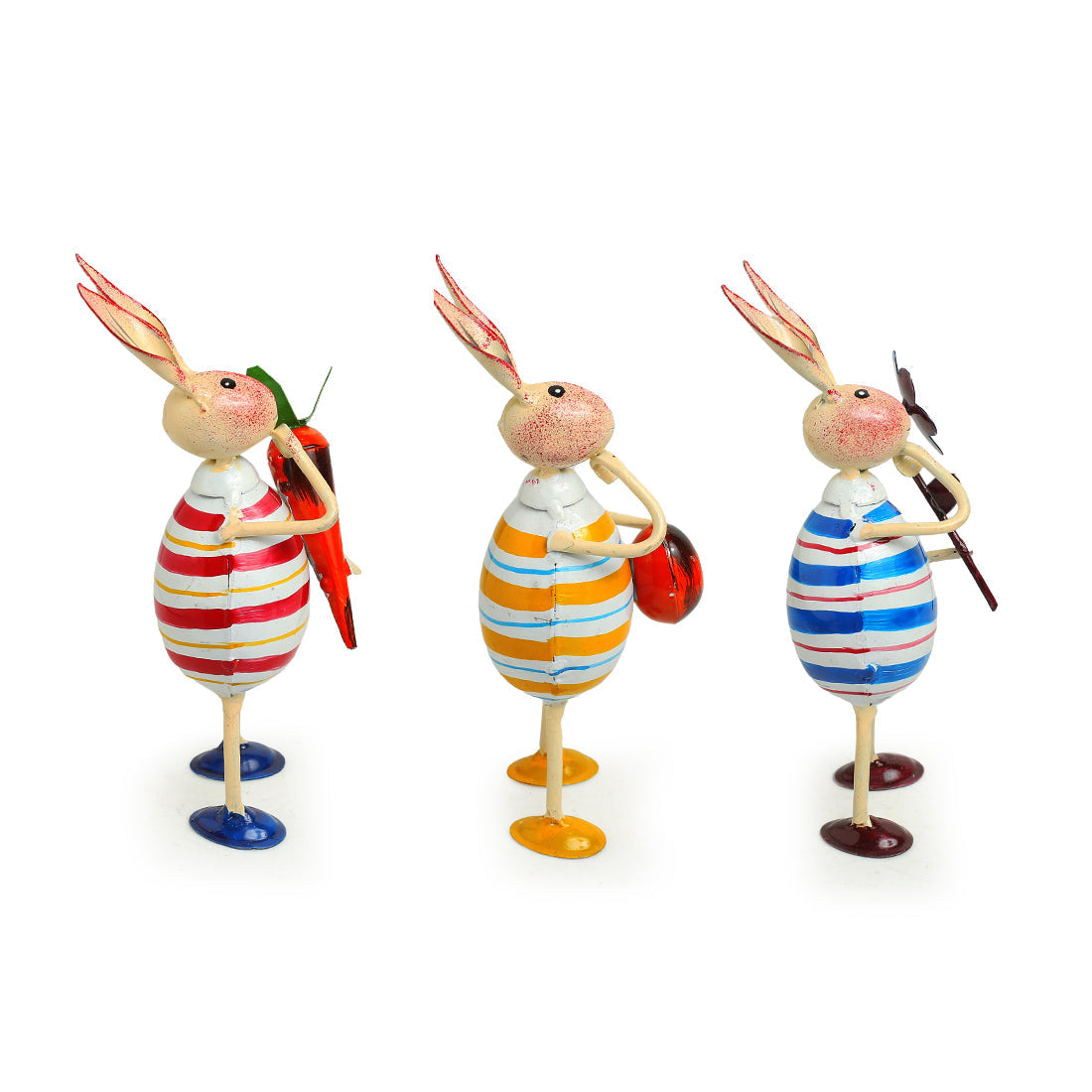 'The Rabbit Trio' Handpainted Garden Decorative Showpieces In Iron (Set of 3, 7 Inch)