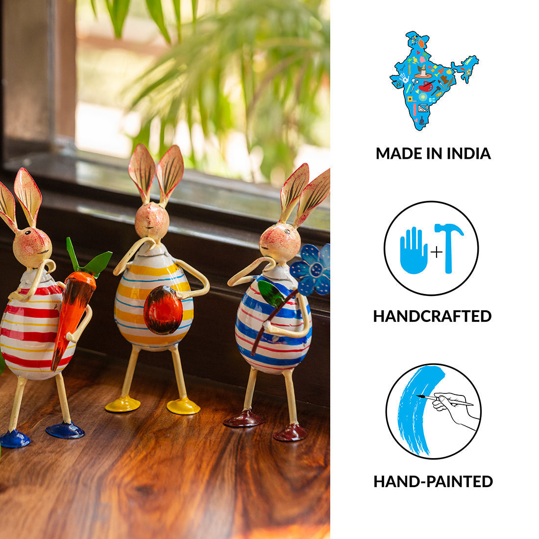 'The Rabbit Trio' Handpainted Garden Decorative Showpieces In Iron (Set of 3, 7 Inch)