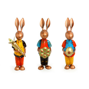 'Rabbit Rumbles' Handpainted Garden Decorative Showpieces In Iron (Set of 3, 8 Inch)