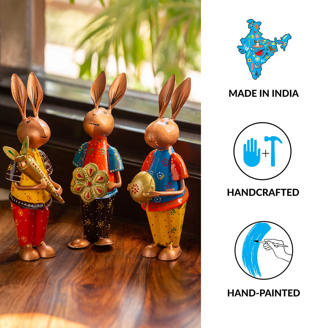 'Rabbit Rumbles' Handpainted Garden Decorative Showpieces In Iron (Set of 3, 8 Inch)