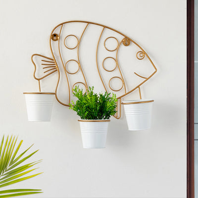 'Fish' Wall Planter Pots In Galvanized Iron (14 Inch, Brass Finish)