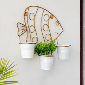 'Fish' Wall Planter Pots In Galvanized Iron (14 Inch, Brass Finish)