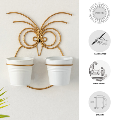 'Owl' Wall Planter Pots In Galvanized Iron (12 Inch, Brass Finish)