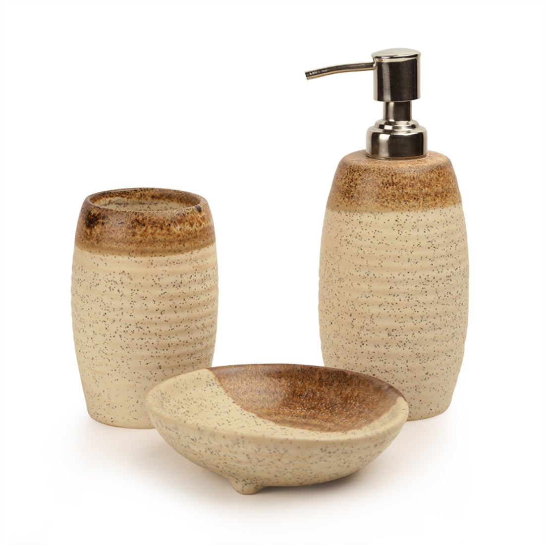 Elegant Ceramic Bathroom Accessory Set Of 3 In Brown & Off White