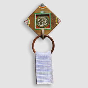 'Brass-y On Wood' Warli Handpainted Sheesham Wood Towel Holder with Dhokra Motif