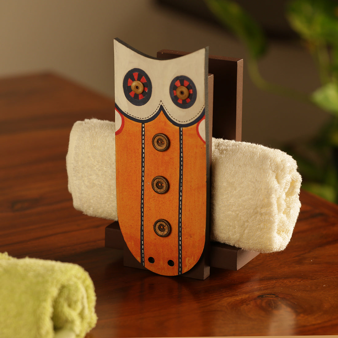 'Owl Motif' Pine Wood Towel Holder (Upto 3 Towels)
