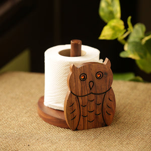 'Owl On A Roll' Hand Carved Sheesham Wood Tissue Roll Holder