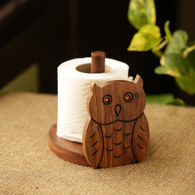 'Owl On A Roll' Hand Carved Sheesham Wood Tissue Roll Holder
