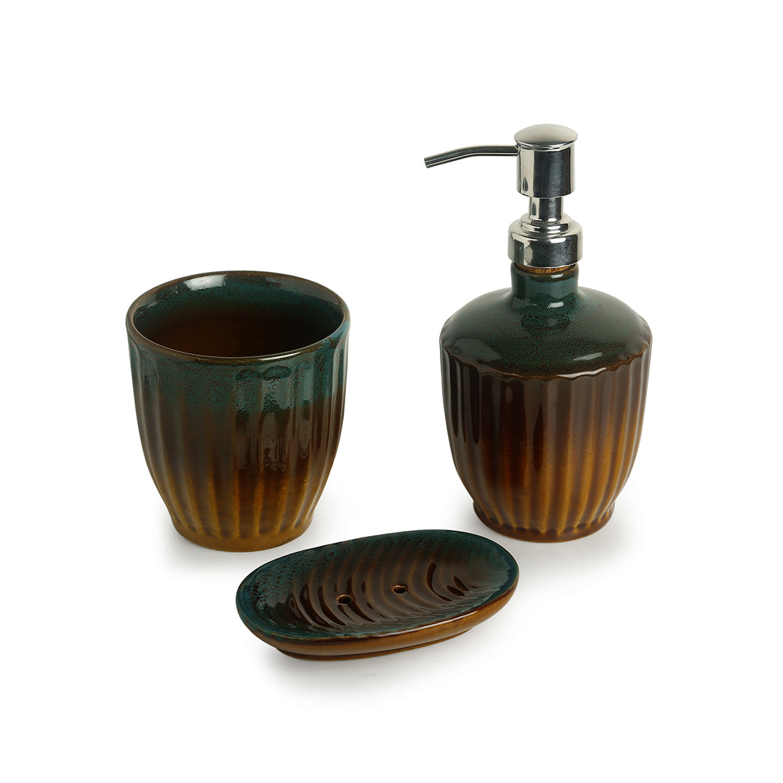 The 'Amber & Teal' Studio Pottery Ceramic Bathroom Accessory (Set Of 3)